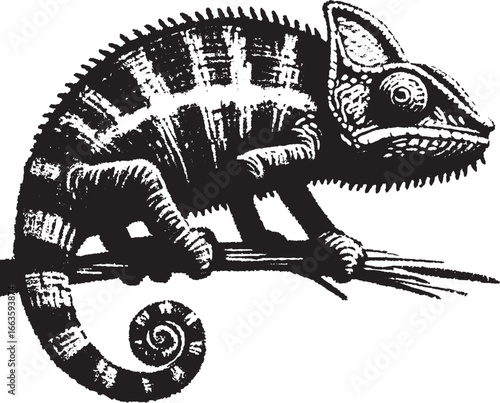 Detailed black and white illustration of a chameleon perched on a branch