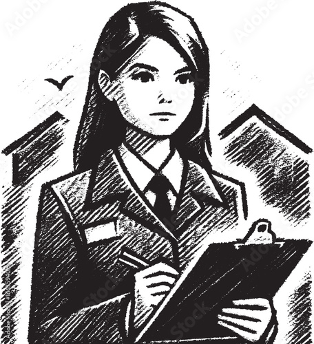 Illustration of a professional woman in a suit holding a clipboard and pen taking notes