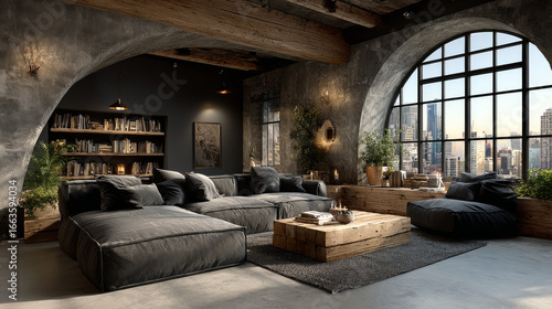 Fototapeta Naklejka Na Ścianę i Meble -  Interior design of modern apartment with large shelf, rafter ceiling and comfortable furniture, 3d render