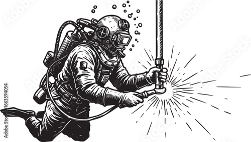 Monochrome depiction of a deep-sea diver welding in an aged wood