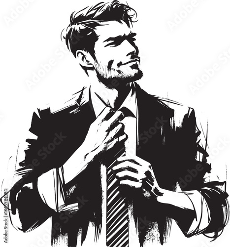 Confident Man Adjusting Tie in Sumi-e Style Illustration Black a