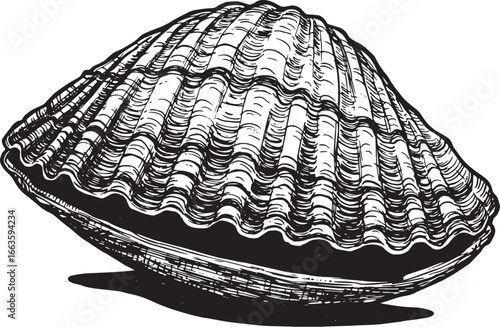 Monochrome Clamshell Illustration Depicting Seafood in a Woodcut