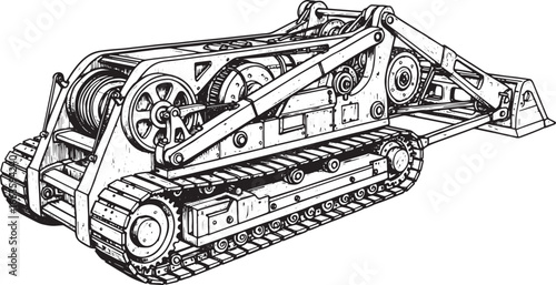 Detailed Woodcut Illustration of a Futuristic Hauling Machine on