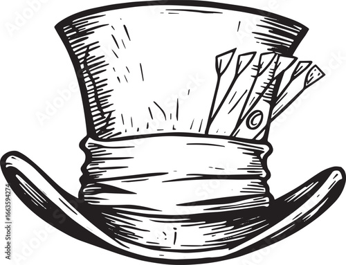 Whimsical Hat in Woodcut Style Black and White Illustration on I