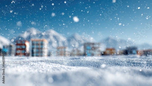 Snowy winter landscape with buildings in the background
