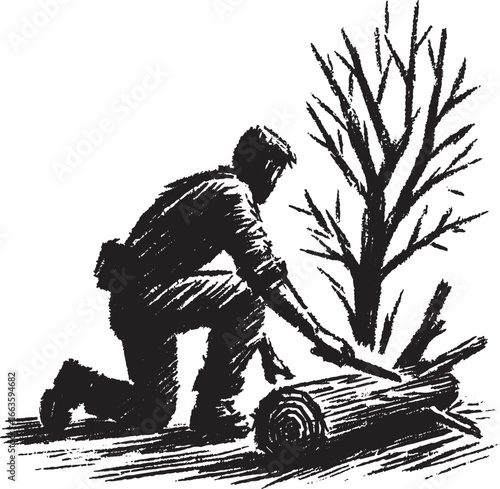 Black and white illustration of a person chopping wood with an axe next to a tree