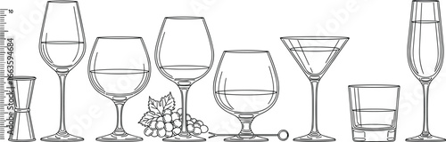 Silhouette vector set of wine, cocktail, champagne, and bar glasses with grapes, jigger, and drinkware icons for hospitality design