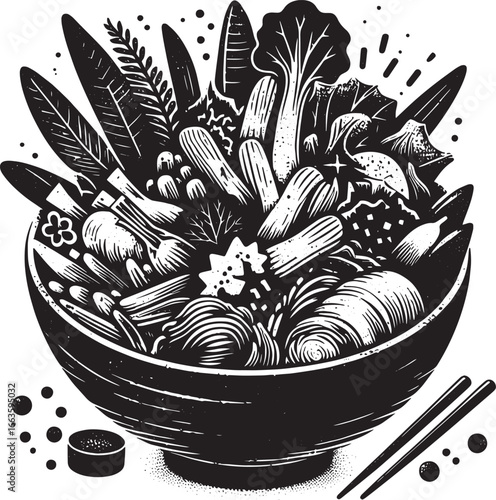 Illustration of a bowl of delicious asian noodles and vegetables, perfect for food blogs