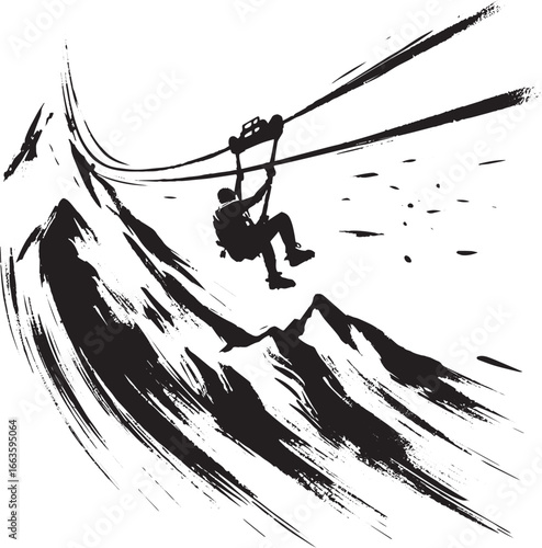 Zipline adventure captured in minimalist ink wash, mountain expl