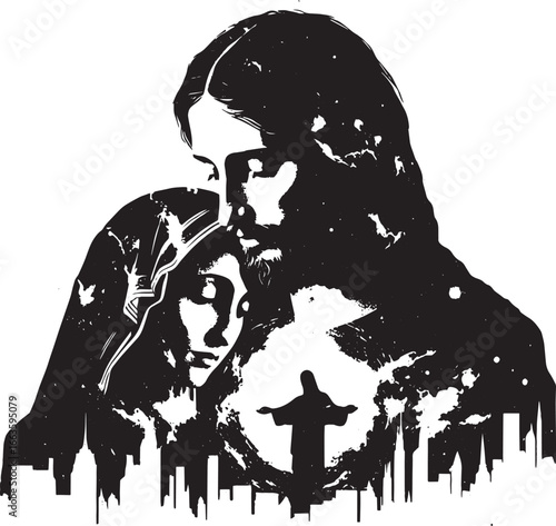 Black and White Artistic Depiction of Jesus Christ with Embrace, Heart, and City Silhouette