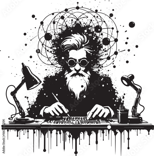 Conceptual illustration of a wise man working on a computer surrounded by ideas and technology