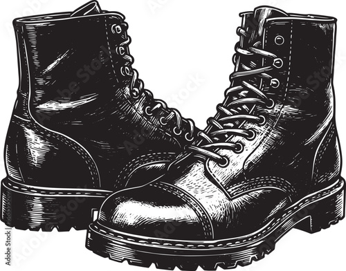 Detailed Woodcut Illustration of Lace-Up Combat Boots in Monochr