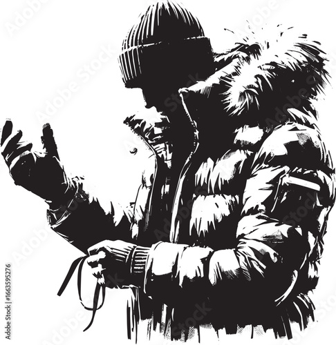 Monochrome portrait of a man wearing winter coat and adjusting g