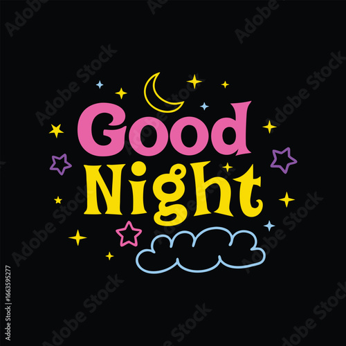 Pink yellow and purple good night text with moon stars and clouds sleep lettering