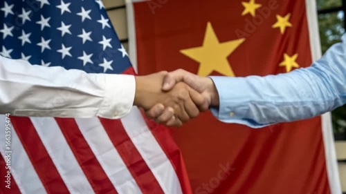 US-China Relations & Cooperation: Representatives Shaking Hands with Flags in the Background | Diplomacy & Agreements