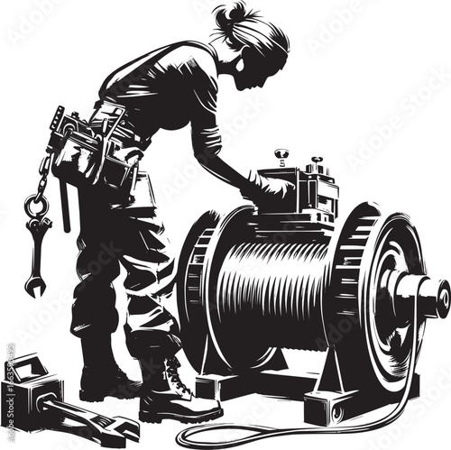 Monochromatic sumi-e illustration of a skilled woman repairing a