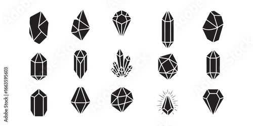 Collection of diverse black crystal silhouettes on a white background representing various geometric shapes and crystalline structures