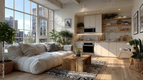 Fototapeta Naklejka Na Ścianę i Meble -  Studio room interior with cooking area, white walls, hardwood flooring and modern wood furniture. Minimalist design, 3d rendering
