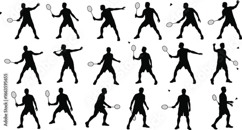 Badminton player silhouettes vector set, racket sport poses, action figures, black and white sports illustration, athletic movement, shuttlecock scenes.