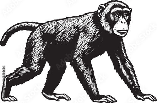 Detailed woodcut illustration of a monkey, isolated on a clean w
