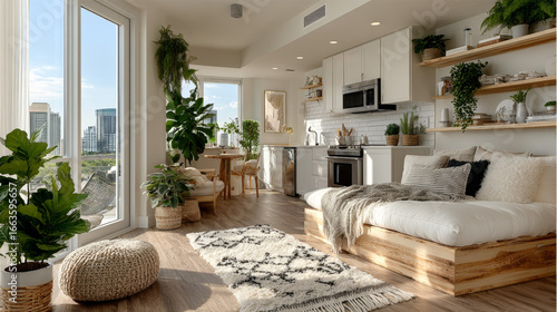 Fototapeta Naklejka Na Ścianę i Meble -  Studio room interior with cooking area, white walls, hardwood flooring and modern wood furniture. Minimalist design, 3d rendering
