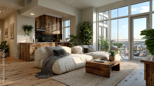 Fototapeta Naklejka Na Ścianę i Meble -  Studio room interior with cooking area, white walls, hardwood flooring and modern wood furniture. Minimalist design, 3d rendering
