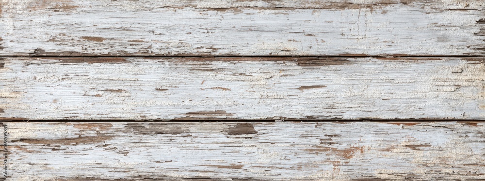 Naklejka premium Close-up of weathered, horizontal wood planks, painted white with visible cracks and grain