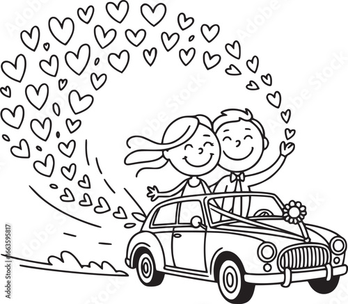 Wedding Day Celebration: An adorable couple embarks on their new life together, riding off into a future filled with love and happiness, marked by a trail of hearts trailing their car.