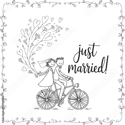 Happily Ever After: A whimsical illustration of a newlywed couple, brimming with joy, embarking on their journey together on a charming bicycle, surrounded by blossoming love.