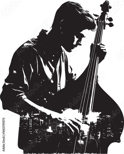 Silhouette of a musician playing a double bass with a city skyline overlay in black and white