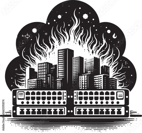 Conceptual illustration depicting a data center fire affecting a cityscape and network equipment