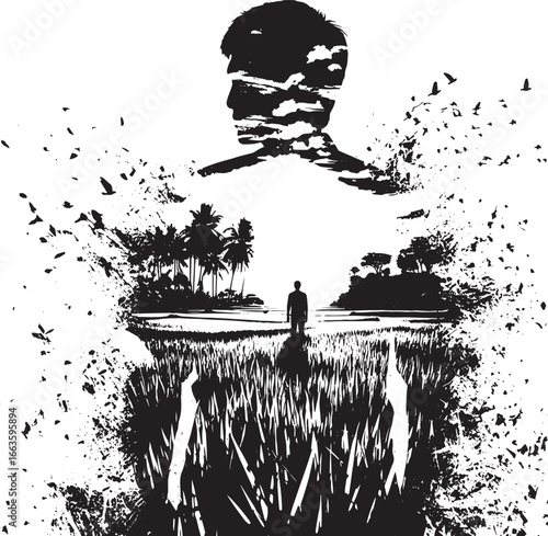 Artistic Silhouette Depicting a Man, Landscape, and Birds in Black and White Design