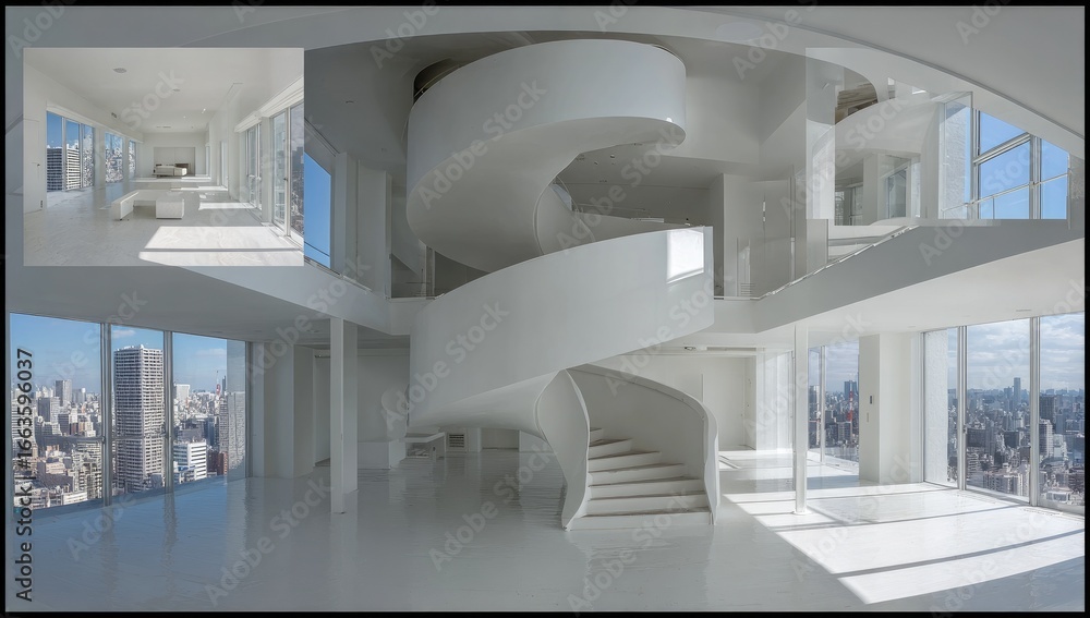 Obraz premium Panoramic view of a modern, minimalist, white penthouse apartment. Multiple indoor shots showcasing a grand spiral staircase and spacious rooms with city views