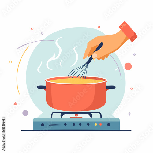 Hand Stirring Food In Orange Pot On Stove
