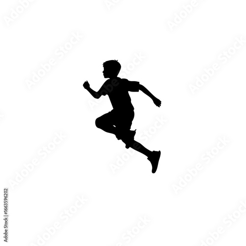 Black and White Side View Jumping Boy Pictogram - Athletic Action Silhouette