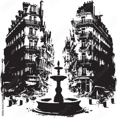Artistic Black and White Illustration of a European City Street Scene with a Fountain