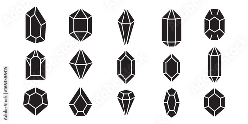 Collection of diverse black crystal shapes and gemstones isolated on white background