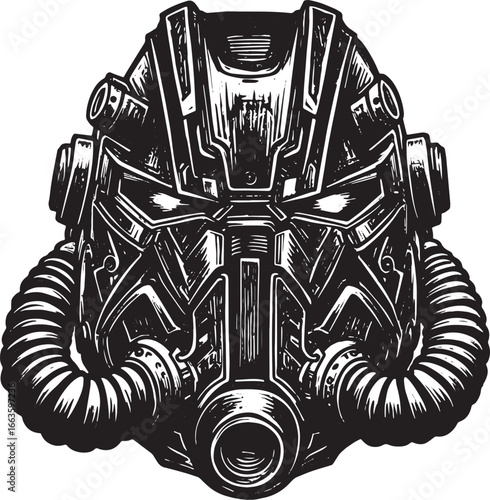 Futuristic Protective Headgear with Intricate Details in Woodcut