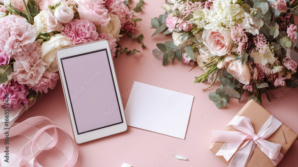 Obraz premium Greeting stationery display with tablet mockup beside printed card, bouquet and satin ribbons styled for heartfelt messages