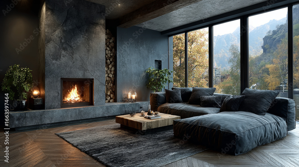 Fototapeta premium Minimalist living room interior with modern fireplace. Interior mockup, 3d render 