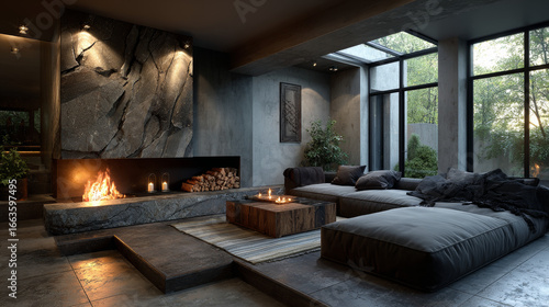 Fototapeta Naklejka Na Ścianę i Meble -  Minimalist living room interior with modern fireplace. Interior mockup, 3d render	