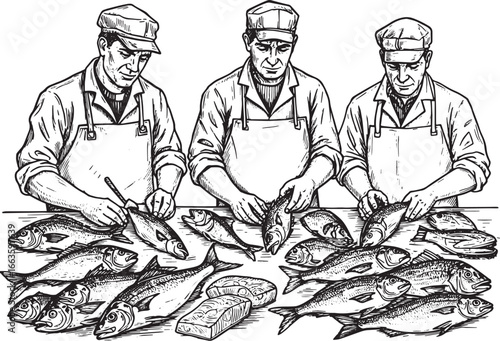 Monochrome woodcut illustration featuring fishmongers grading se