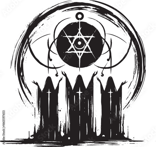 Dark Arts Ritualistic Gathering in Sumi-e Style with Minimalist