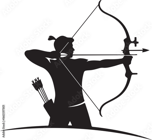 Silhouette of an archer aiming a bow and arrow, ready to shoot