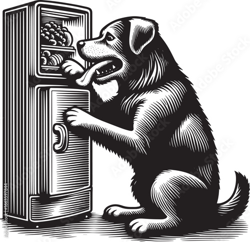 A Playful Dog Raiding the Refrigerator Seeking Food, An Artistic Black and White Illustration