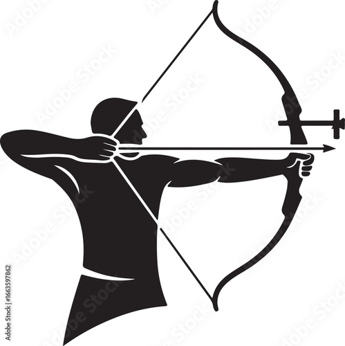 Silhouette of an Archer Drawing a Bow and Arrow, Ready to Shoot