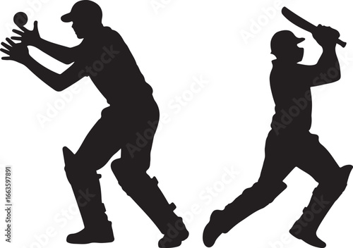 Silhouette of Cricket Players in Action: A Batter and a Fielder