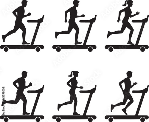 Silhouettes of men and women running on treadmills, fitness and exercise