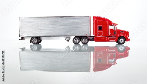 Red semi-truck toy, side view, with silver trailer and reflection