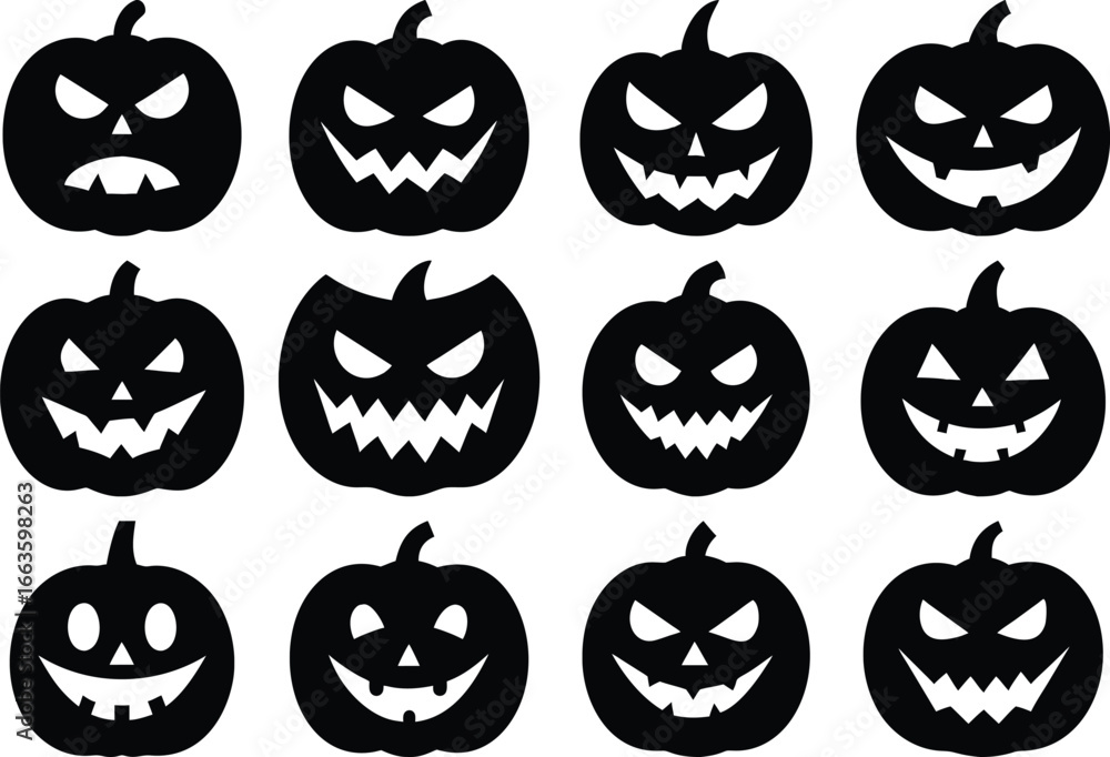 Obraz premium Vector art of a collection of twelve black silhouette jack o lantern pumpkin faces with carved scary expressions, isolated on a transparent background, perfect for halloween decorations